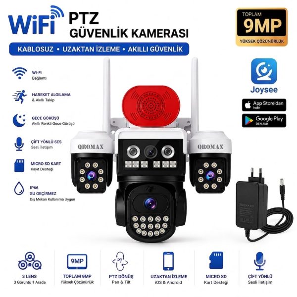 9MP Wi-Fi PTZ 3 Lensli Dış Mekan Akıllı Güvenlik Kamerası (Çakar Flaşörlü + 12V Adaptör Dahil) WİFİ_QR_W3