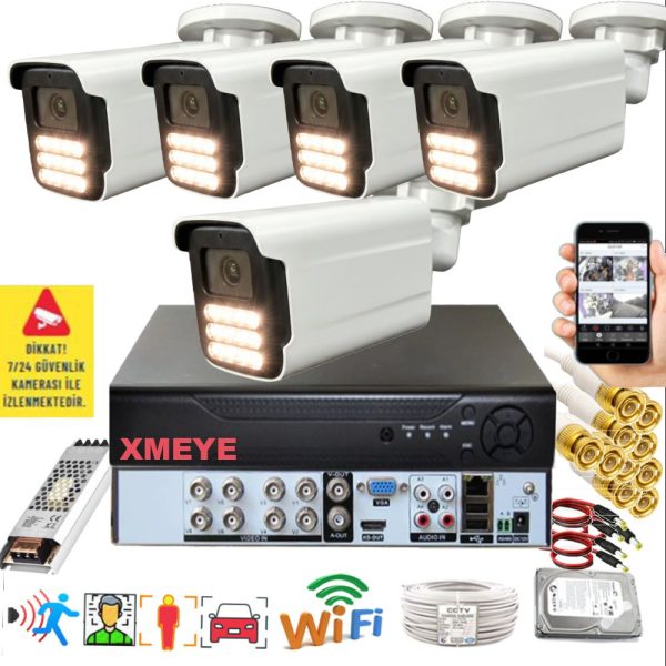 5 Kameralı Set - Yapay Zeka Özellikli Gece Renkli Gösteren 5MP SONY Lensli 15 Warm Ledli FULLHD Güvenlik Kamerası Seti 3015W-108