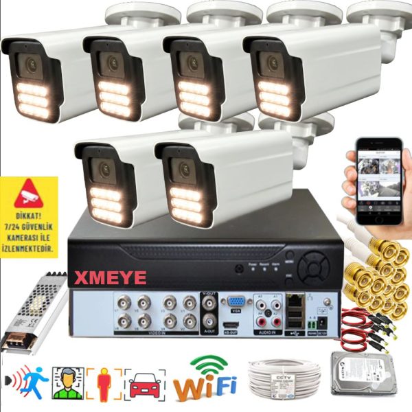 6 Kameralı Set - Yapay Zeka Özellikli Gece Renkli Gösteren 5MP SONY Lensli 15 Warm Ledli FULLHD Güvenlik Kamerası Seti 3015W-108
