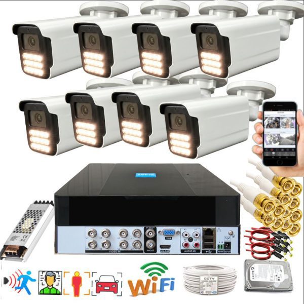 8 Kameralı Set - Yapay Zeka Özellikli Gece Renkli Gösteren 5MP SONY Lensli 15 Warm Ledli FULLHD Güvenlik Kamerası Seti 3015W-9008