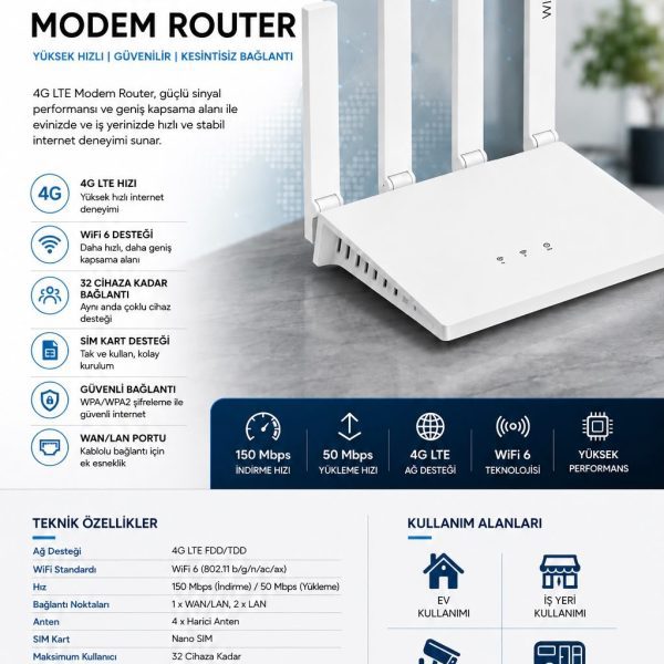 4G LTE Modem Router WiFi 6 SIM Kartlı 150 Mbps 4G Modem 4 Antenli